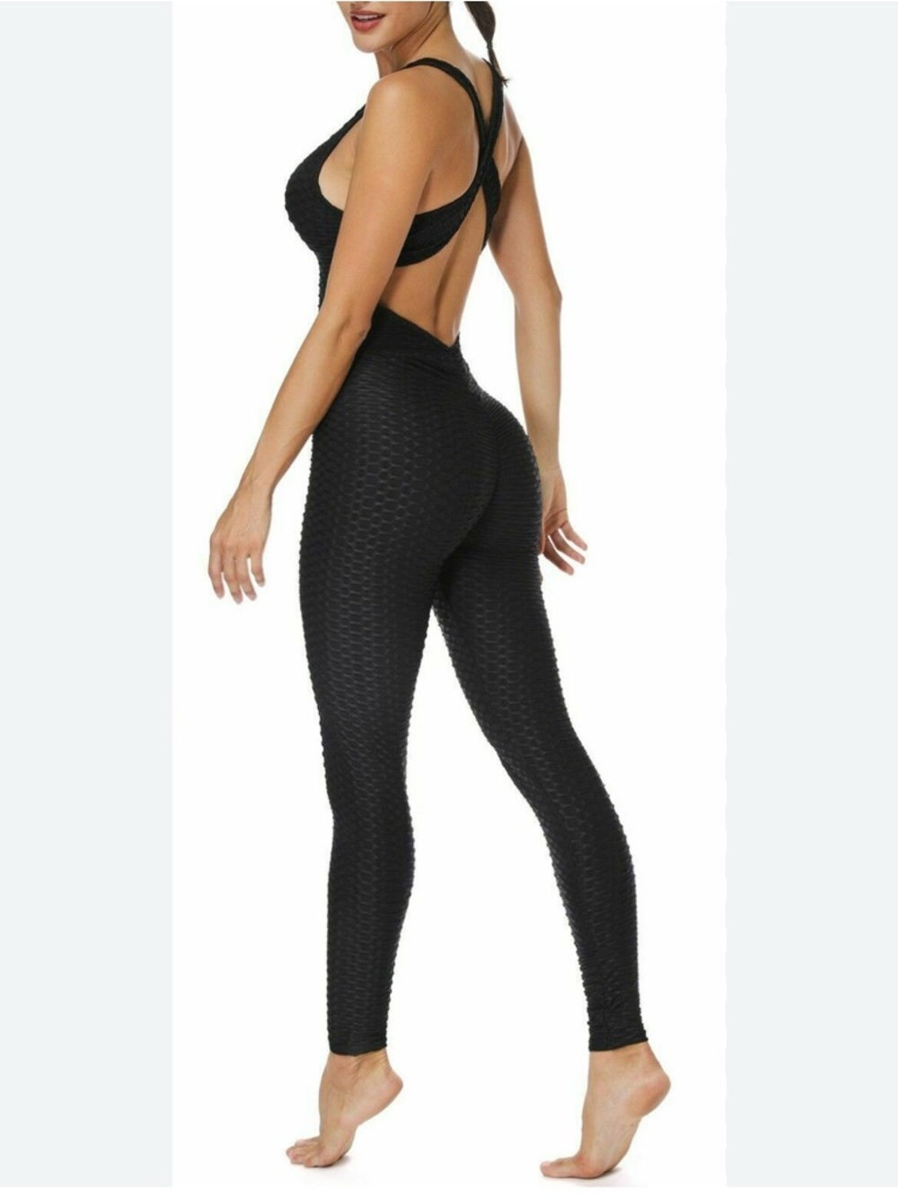 Women’s Black Textured Open-Back Jumpsuit